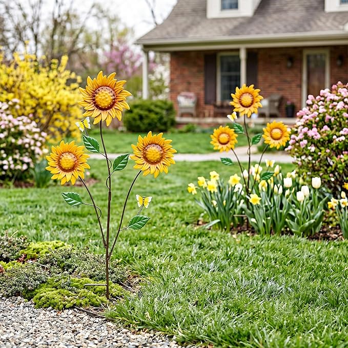 Metal Flowers for Outside, 30-Inch Iron Sunflower Garden Stakes Set of 2, Metal Yard Art Outdoor and Garden, Decorative Garden Stakes for Patio & Lawn Decor (Yellow)