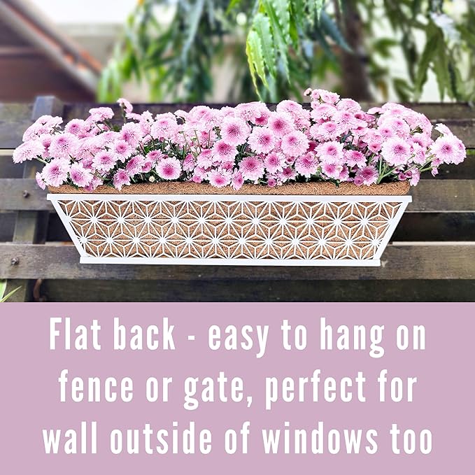 LaLaGreen Window Boxes Planter (2 Pack, 24 Inch) White Metal Rectangular Wall Planters with Coco Liner, Horse Trough Deck Railing for Outdoor Plants Holder, Modern Rail, Balcony, Fence, Porch Patio