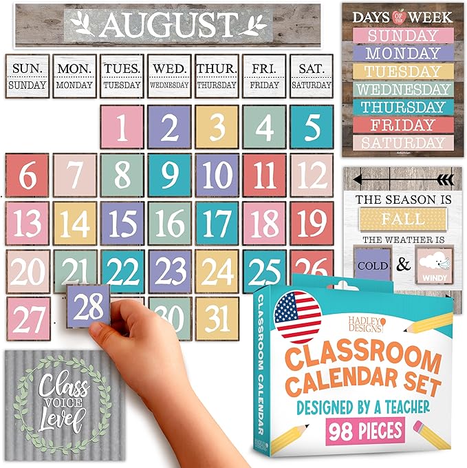 Hadley Designs Classroom Calendar Set Bulletin Board Decorations - Colorful School Calendar for Classroom Decor, Kindergarten Preschool Elementary Teacher Must Haves, Homeschool & Daycare Essentials