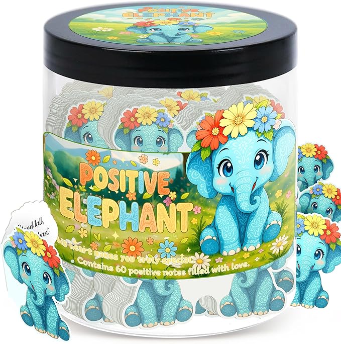 Positive Elephant Jar with 60 Daily Affirmation Cards, Emotional Support Elephant Decor, Uplifting Present for Teenage Girls and Men, Inspirational Office Desk Accessory and Appreciation Gift