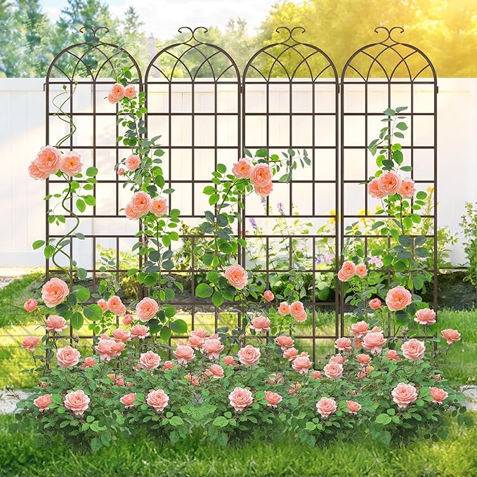 LZRS 2 Pack 83x20in Rustic Iron Arch Decoration Garden Trellis with Black Metal Coating – Perfect for Supporting Climbing Plants Outdoor, Roses, Vines, Flowers, and Vegetables,Brown
