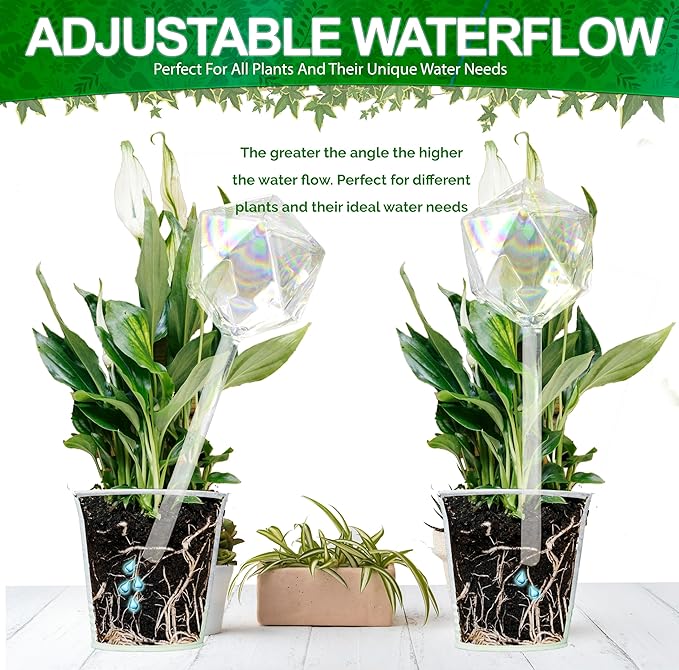 Aqua Glass Plant Watering Globes Automatic Self Watering Plant Insert Spike Orbs - Indoor Outdoor Plant Drip Irrigation - For Flowers, Herbs, Houseplants (Iridescent Diamond Globes, 4, Units)