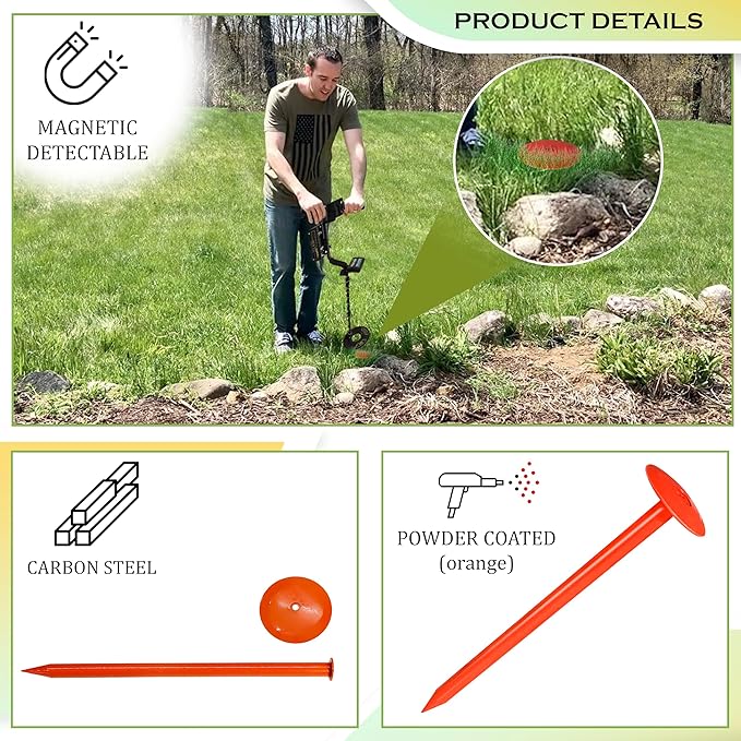 FEBTECH - Septic Tank Marker - 2.3" x 7" - Suitable Property line Markers for Protecting Your Septic Tank and Property Boundary with Solid and Sturdy Survey Stakes - Pack of 6 Pcs + 1 Hammer