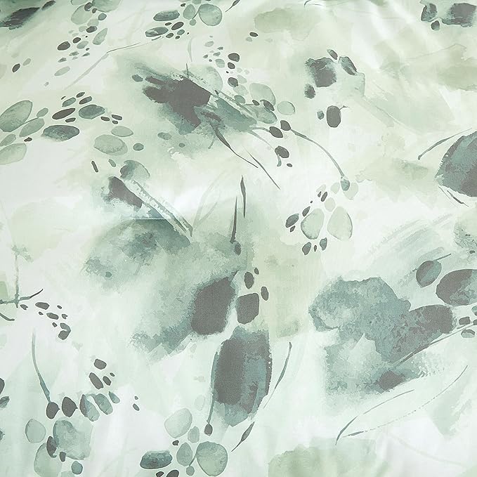 Chezmoi Collection Cristie 7-Piece Floral Bed in a Bag Queen Comforter Set - Green Gray White Watercolor Floral Printed Microfiber Bedding Set