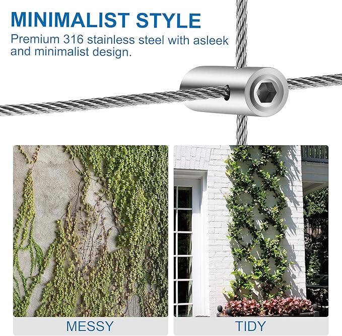 Wire Trellis for Climbing Plants Outdoor, 30-Set Wall Wire Trellis Kit with 1/8in x 150ft Stainless Steel Cable & Cutter, T316 Cylindrical Espalier System for Fence and Garden DIY Projects