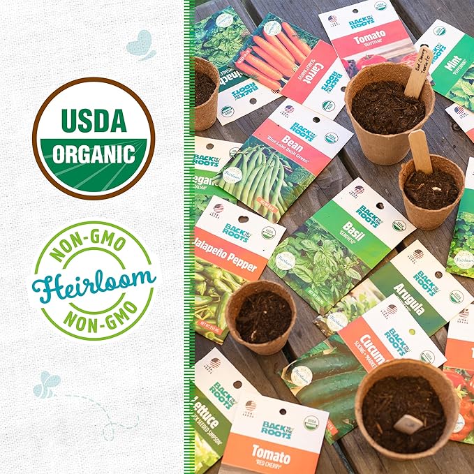 Back to the Roots Heirloom Organic, Non-GMO & USA Grown Seeds, 30ct Herb, Fruit, Flowers, and Veggies, Assortment May Vary, Guaranteed to Grow
