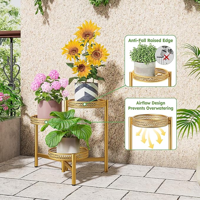 Metal Plant Stand Indoor Outdoor, 3 Tier Corner Plant Shelf for Multiple Plants, Gold Tiered Plant Stand, Heavy Duty Flower Holder, Folding Tall Rack for Garden Patio Balcony - GoldWave