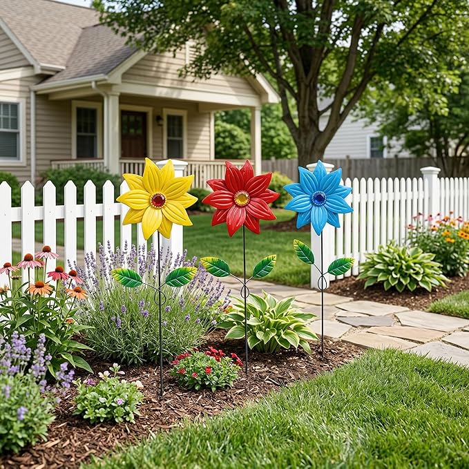 TZSSP Metal Flower Decorative,Floral Garden Stakes Yard Art,3 Pack Flower Garden Stakes Decor for Lawn & Yard Ornament
