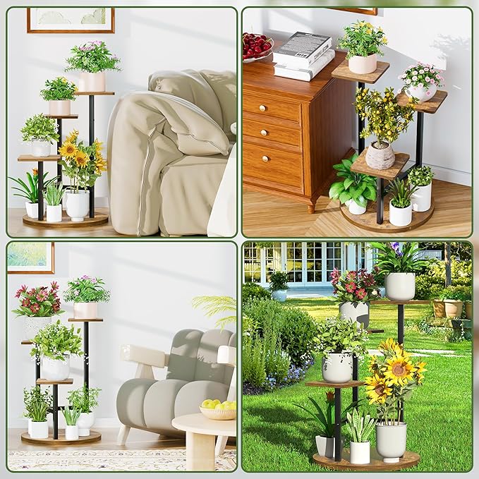 3 Tier Square Wood Plant Stand Indoor Outdoor, Wood Tall Plant Rack, Heavy Duty Wrought Iron Flower Pot Stand, Planter Display Rack for Living Room Balcony Garden Patio - BlackSquare