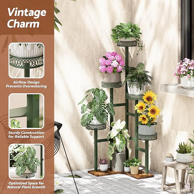 Plant Stand 6 Tier Indoor Metal Wood Flower Shelf for Indoor Outdoor Corner Tall Flower Holders for Garden Balcony Living Room Bedroom