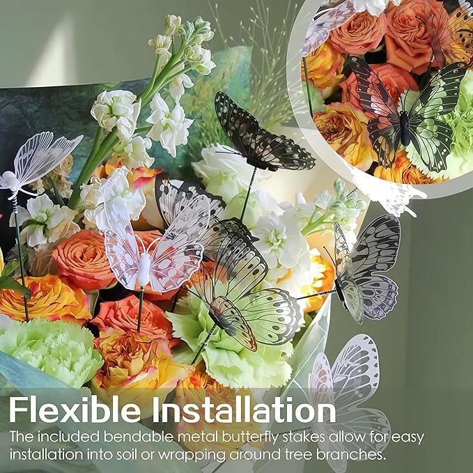 3D Butterfly Stakes,20PCS Butterfly Garden Stake Decor for Flower Bouquet Outdoor Indoor Yard Art Patio Plant Pot Flower Bed Home Décor,Butterfly Plant Stakes with Bendable Stick(Black&White)