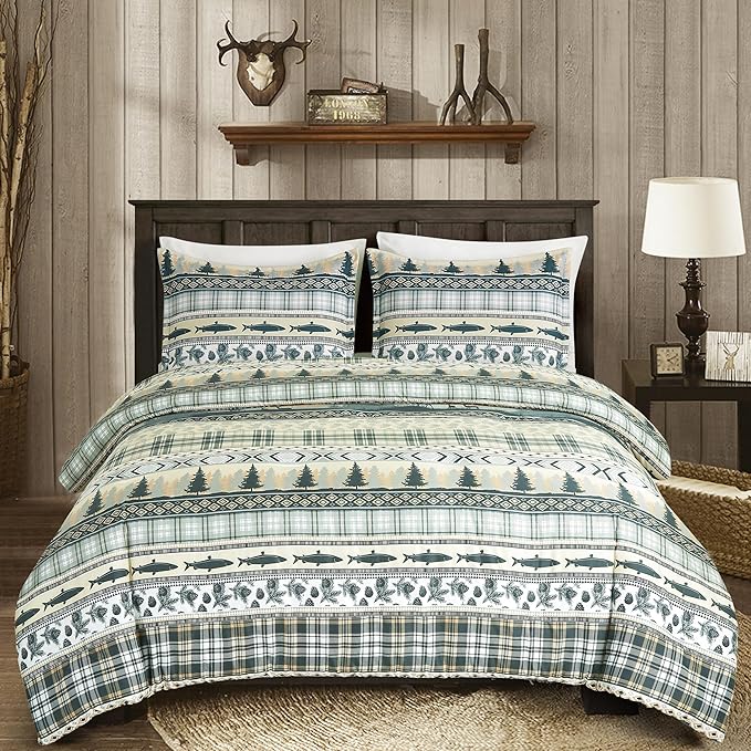 Chezmoi Collection Meadow 3-Piece Cabin Lodge Comforter Set - Multicolor Pine Tree Fish Deer Explorer Mountain Printed Microfiber Bedding, Full