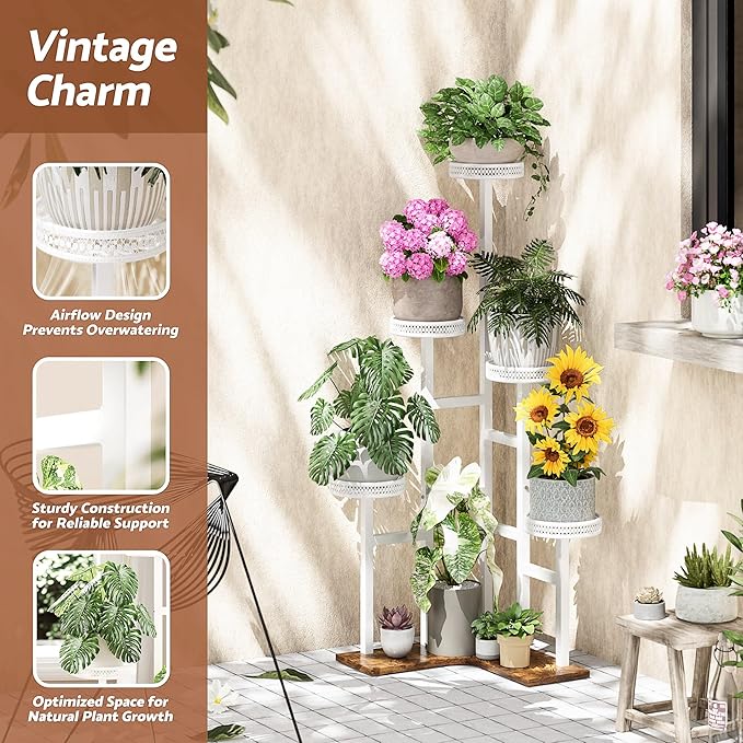 6 Tier Plant Stand, Tall Metal Wood Plant Shelf Corner Display Rack, Tiered Flower Pot Stands for Living Room Balcony Garden Patio