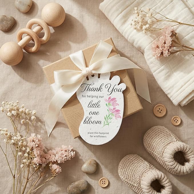 24pcs Pink Footprint-Shaped Gift Tags with Wildflower Seeds - Writable Gift Wrap Tags for Baby Showers, Mother's Day Present, Party Favors, DIY Crafts, & Earth Day Decorations