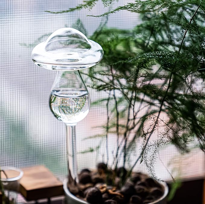 Kingbuy Mushroom Shaped Self-Watering Globes - 2 Pack Glass Automatic Plant Waterer for Indoor Outdoor Plants, Water Bulbs & Decorative Stakes for Plant Lovers