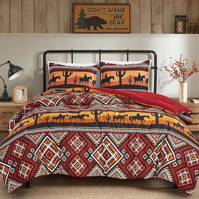 Chezmoi Collection Barrett 3-Piece Southwestern Sunset Cowboys Comforter Set - Multicolor Red Orange Black White Printed Washed Microfiber Bedding, Full