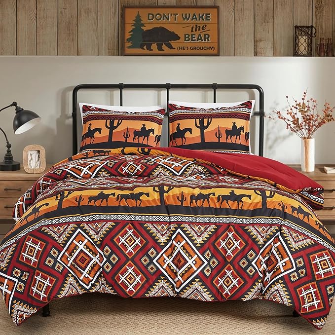 Chezmoi Collection Barrett 3-Piece Southwestern Sunset Cowboys Comforter Set - Multicolor Red Orange Black White Printed Washed Microfiber Bedding, King