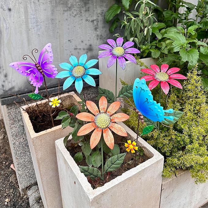 6Pack Metal Flowers for Outside，16.15 Inch Metal Flowers&Colorful Butterfly Decorative Garden Stakes for Spring Decor, Shaking Head Yard Art Garden Decorations for Outdoor Lawn Porch Pathway
