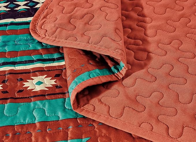 Chezmoi Collection 2-Piece Southwestern Geometric Tribal Quilt Set - Multicolor Red Teal Beige Lightweight Quilted Bedspread Set, Twin (70" x 90")