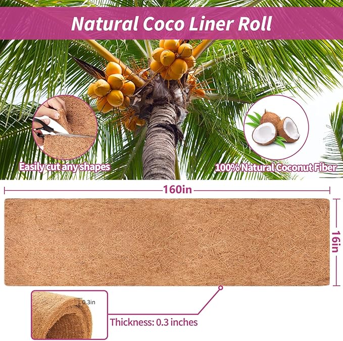 Legigo 16X160 Inch Natural Coco Liner Roll, Coconut Liners for Planter Window Box Hanging Basket, Coconut Coir Roll Coco Fiber Mat for Garden Decoration DIY Moss Poles Pet Pad Reptiles Carpet