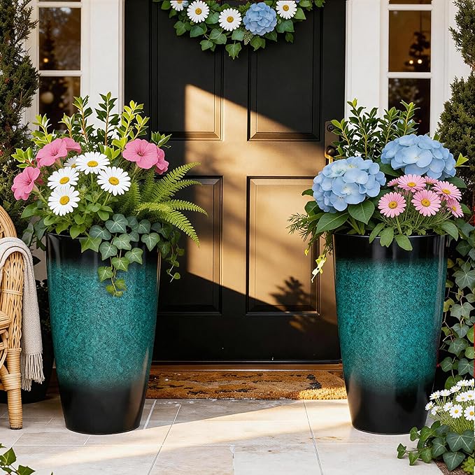 Autodaya 23.8" Tall Outdoor Planters Set of 2, Ceramic-Look Large Flower Pots for Indoor Outdoor Plants, All Seasons for Porch, Balcony, Garden, Patio or Home Art Decor, Gradient Turquoise Finish