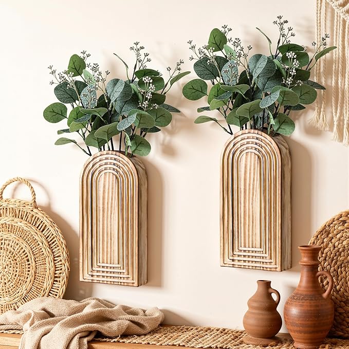 DREAMLOOM 2 Pack Wooden Wall Vases with Fake Plants, Wall Hanging Planters Boho Modern Farmhouse Indoor for Narrow Spaces Entryway Bathroom Home Office Decoration, Retro