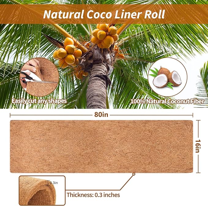Legigo 16X80 Inch Natural Coco Liner Roll, Coconut Liners for Planter Window Box Hanging Basket, Coconut Coir Roll Coco Fiber Mat for Garden Decoration DIY Moss Poles Pet Pad Reptiles Carpet