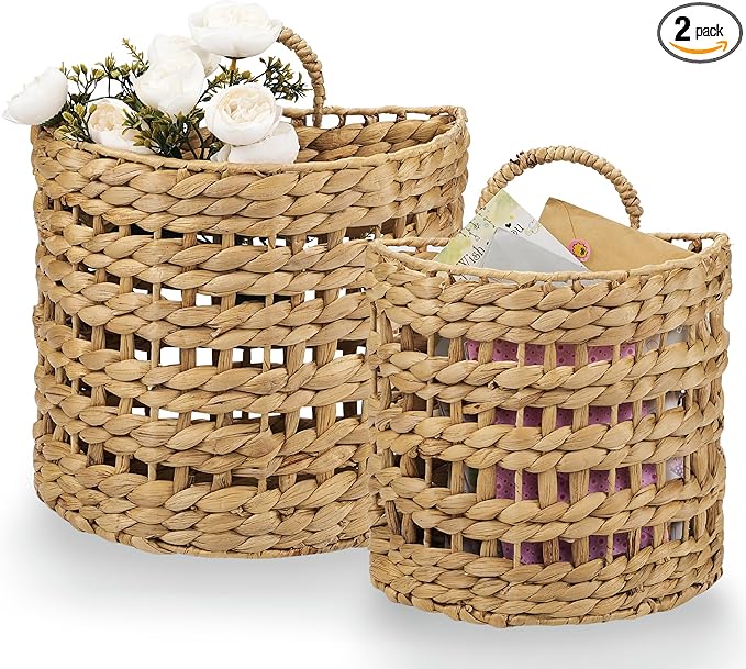 Set of 2 Wicker Hanging Basket for Organizing, Front Door, Mail, Flowers - Woven Wall Baskets for Storage