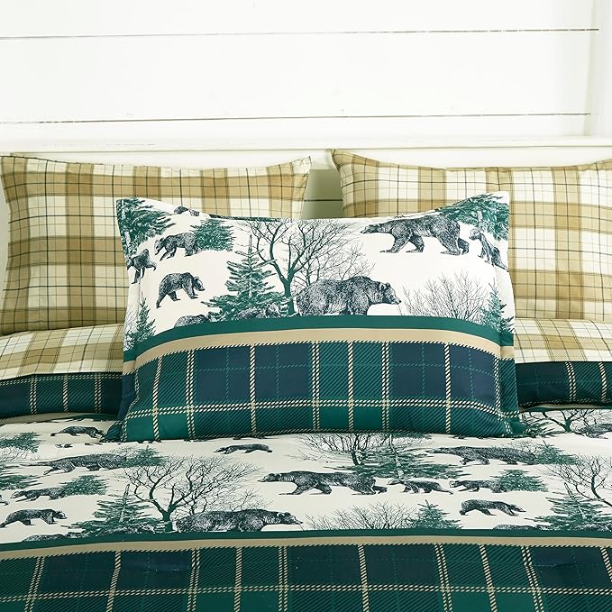 Chezmoi Collection Alpine 7-Piece Northwest Cabin Lodge Bed in a Bag Queen Comforter Set - Blue Green Ivory Tan Grizzly Bear Pine Tree Wilderness Printed Microfiber Bedding Set