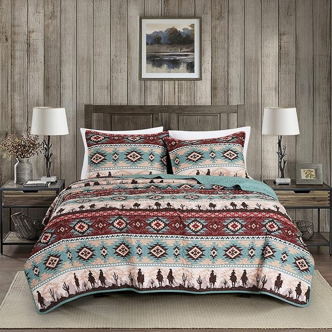 Chezmoi Collection Dune 2-Piece Southwestern Cowboys Aztec Quilt Set - Multicolor Teal Brown Beige Tan Red Printed Microfiber Bedspread Set, Twin (70" x 90")