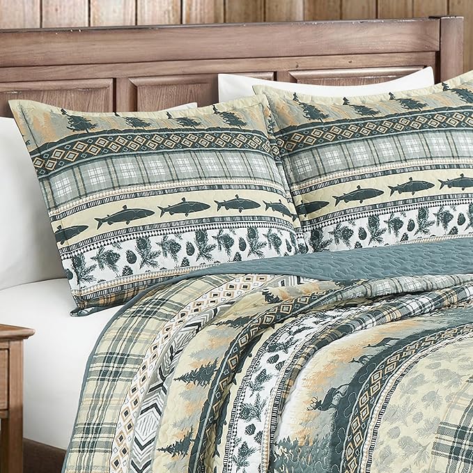 Chezmoi Collection Lake 3-Piece Lodge Quilt Set King - Multicolor Pine Tree Fish Deer Explorer Mountain Printed Microfiber Lightweight Bedspread Set for All Season