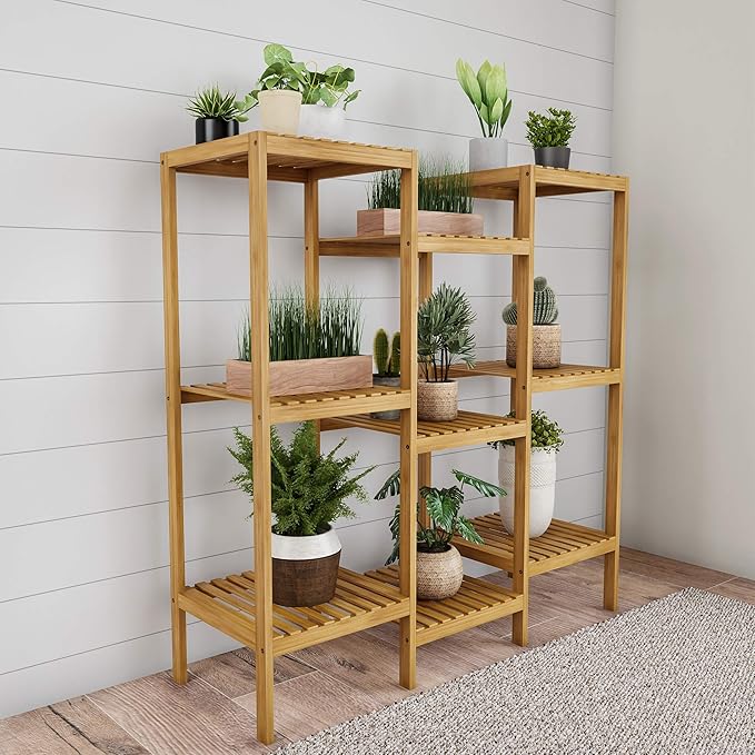 Multi-Level Plant Stand - Freestanding 9-Tier Bamboo Shelf - Indoor/Outdoor Shelving Unit for Storage, Flowerpots, Shoes, and Display by Pure Garden