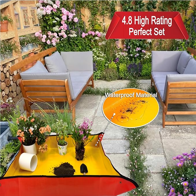 39"x31" Orange Thickened Repotting Mat for Plant Transplanting, Waterproof Tray for Potting Soil Mess Control, Portable Gardening Mat with Protective Gloves, Best Gift for Gardeners