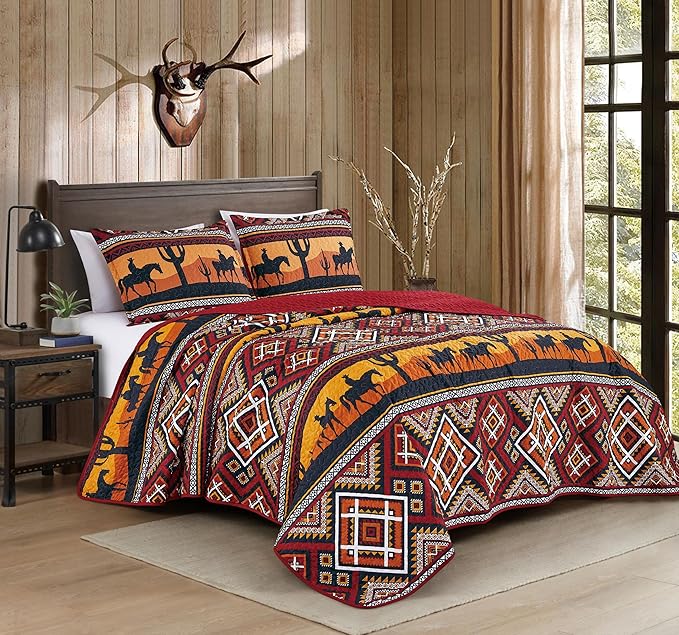 Chezmoi Collection Rodeo 3-Piece Southwestern Sunset Cowboys Quilt Set King - Multicolor Red Orange Black White Printed Microfiber Lightweight Bedspread Set for All Season