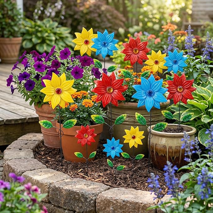 TZSSP Metal Flower Decorative,Floral Garden Stakes Yard Art,3 Pack Flower Garden Stakes Decor for Lawn & Yard Ornament