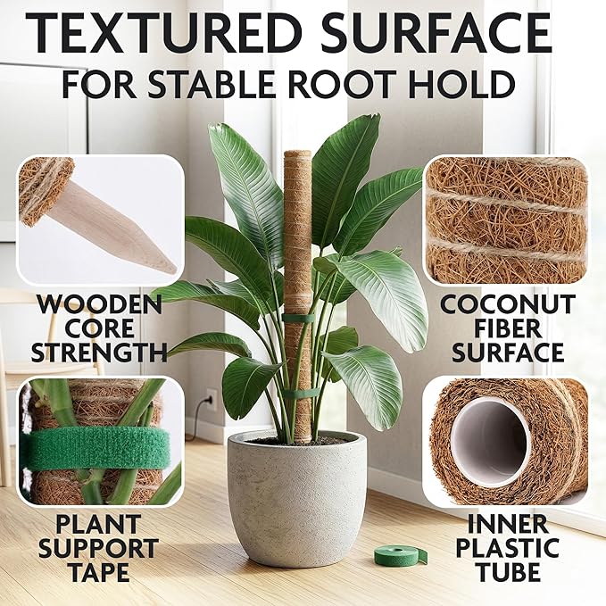 2 Pcs Small Moss Pole Monstera Plant Support Set - 15.75" Pothos Plant Climber Support with Connectable Design, Fixation Strip, Coconut Fiber Moss Poles for Monstera Plants, Money Plants, Philodendron