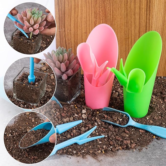 HINZIC 12pcs Garden Shovel Hand Tools Transplanting Succulent Cultivation Digging Scoops Kits Plastic for Flower Planting Bonsai Potting Soil Indoor(Pink Blue Green)