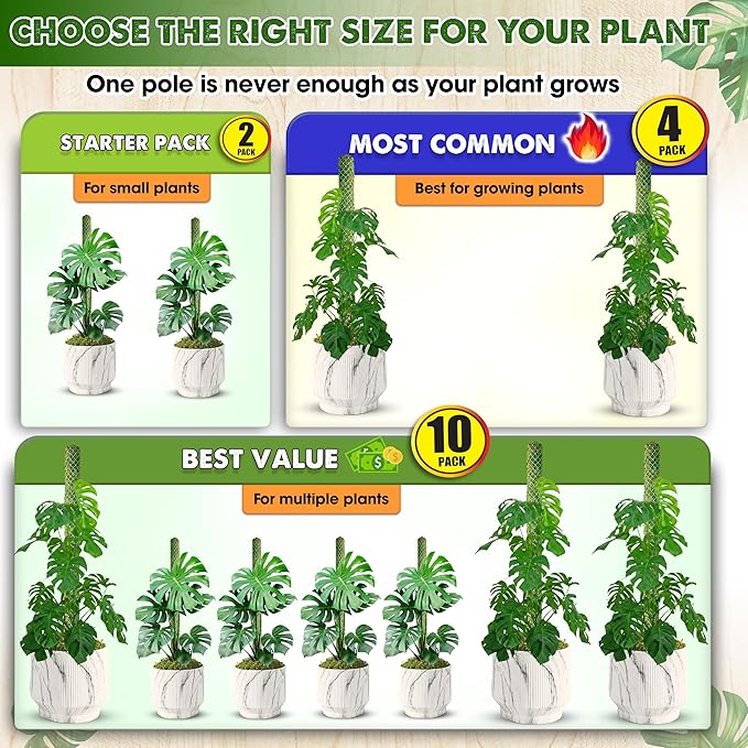 DUSPRO 4 Pack 22" Green Stackable Mesh Moss Pole for Plants – Extendable Up to 71", Natural Forest Moss Pole Monstera Plant Support, Moss Stick for Climbing Plants, Indoor Plant Stakes Accessories