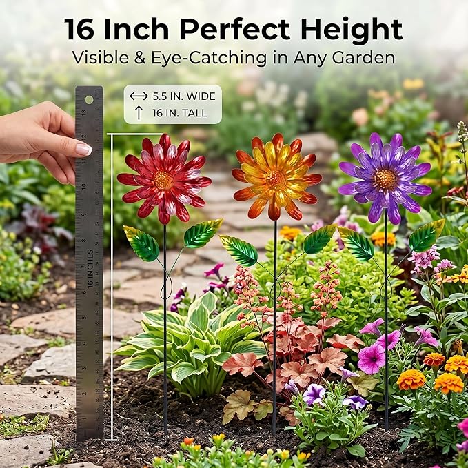 Garden Stakes Decorative, Metal Flowers for Outside, Glow in Dark Yard Lawn Ornaments Plant Pot Flower Bed Decor, Patio, Set of 3, Purple Yellow Red