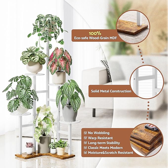 6 Tier Plant Stand Indoor Outdoor, Tall Metal Wood Shelf Tiered Planter Display Shelving Unit for Living Room Bedroom Balcony