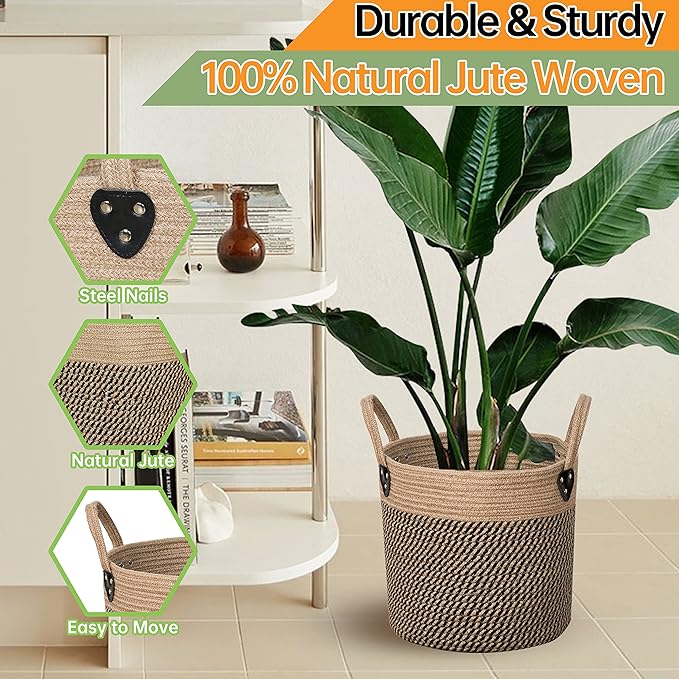 ZOES HOMEWARE 14"x12" Natural Jute Rope Woven Storage Basket with Handles for Plant, Blankets,Toys,Clothes,Shoes - Living Room Home Decor,Multifunctional Basket for Organizer,Picnic,Artificial Tree