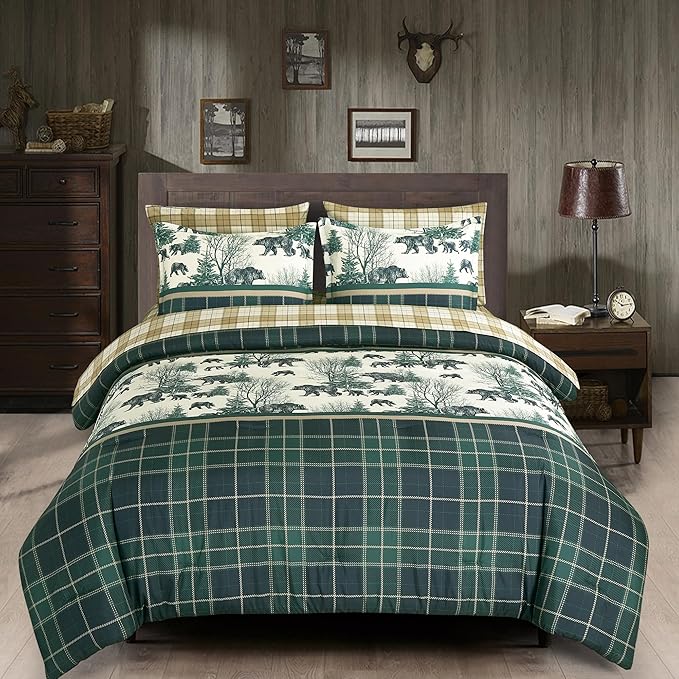 Chezmoi Collection Alpine 7-Piece Northwest Cabin Lodge Bed in a Bag Queen Comforter Set - Blue Green Ivory Tan Grizzly Bear Pine Tree Wilderness Printed Microfiber Bedding Set