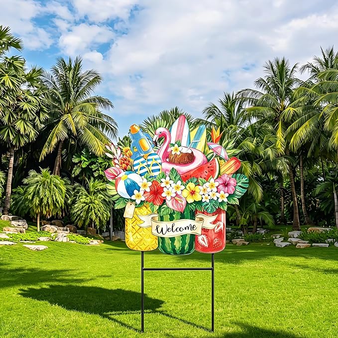 Amyhill Summer Tropical Outdoor Decor Garden Stakes Metal 25 Inch Hawaiian Luau Welcome Yard Signs Decorations Outdoor Tropical Decorative Garden Stakes Patio Lawn Walkway Backyard Porch Decorations