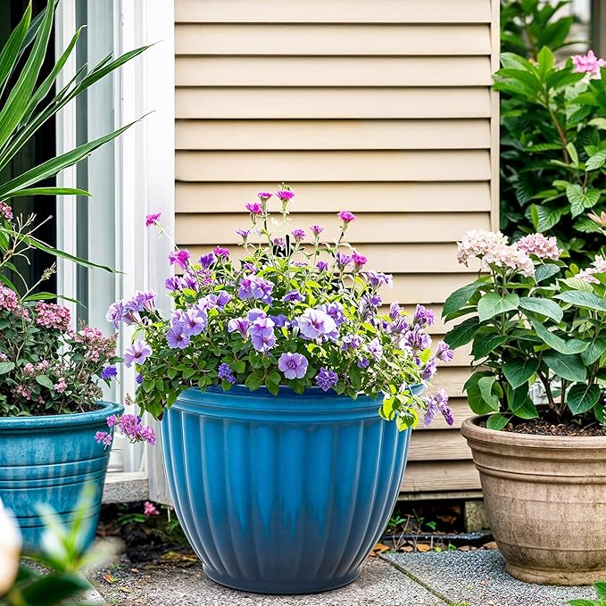 Autodaya 15" Large Flower Pots, Set of 2 Plastic Planters for Outdoor Indoor Plants with 3D Textures, Weather-Resistant for Porch, Garden, Patio or Indoor Use, Gradient Cobalt Blue