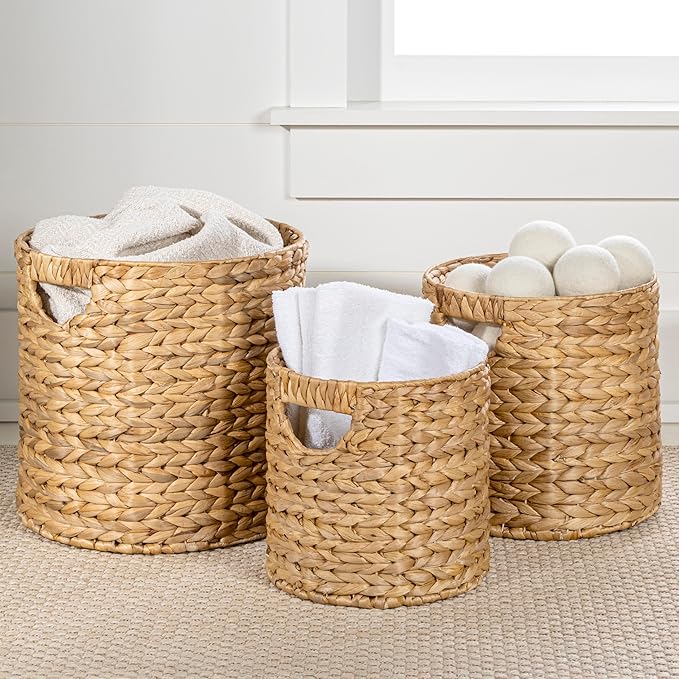 happimess BSK2011A-3SET Avery Bohemian Cottage Handwoven Hyacinth Cylinder Nesting Wicker Storage Baskets with Handles, Natural (Set of 3), Seagrass Containers for Decoration in Living Room, Bedroom