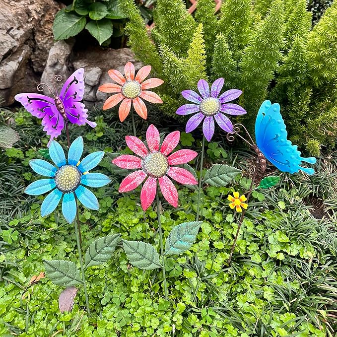 6Pack Metal Flowers for Outside，16.15 Inch Metal Flowers&Colorful Butterfly Decorative Garden Stakes for Spring Decor, Shaking Head Yard Art Garden Decorations for Outdoor Lawn Porch Pathway