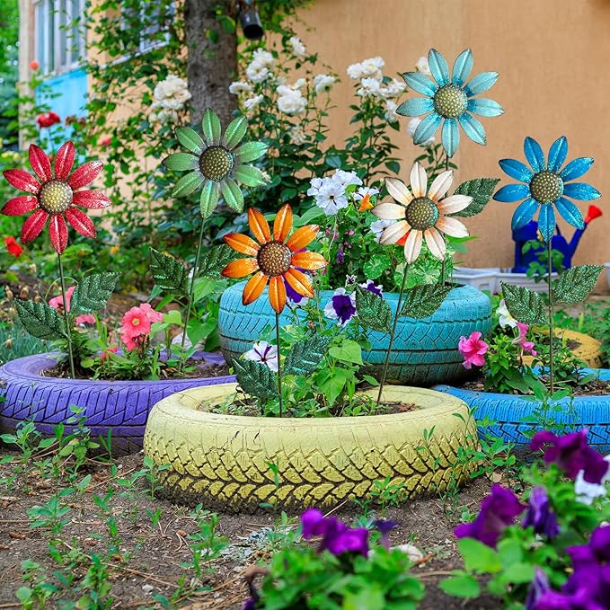 HUTHDAK Metal Flowers for Outside,8 Pack 16.15" Decorative Garden Stakes with Swaying Flowers Head Yard Art,Spring Garden Decor for Lawn, Pathway & Garden