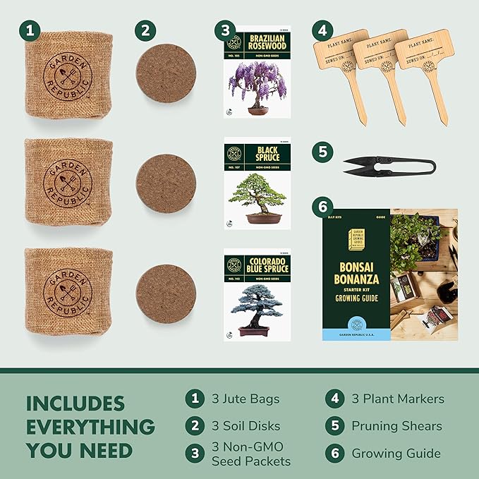 Garden Republic Bonsai Tree Kit - Mini Bonsai Seeds, 3 Types - for Indoor Plant Growing - Starter Kit with Seeds, Soil, Planters & Shears