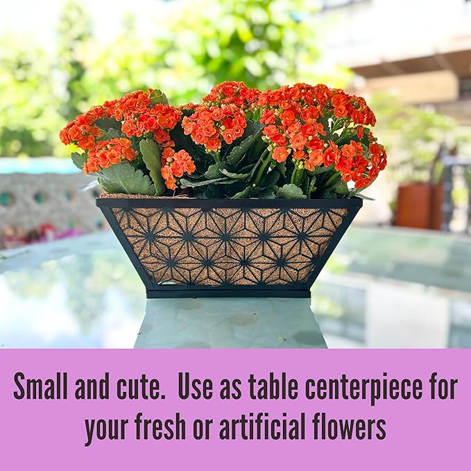 LaLaGreen Window Boxes Planter for Outdoor Plants (2 Pack, 12 Inch) Black Metal Small and Cute Rectangular Flower Pot Wall Planters with Coco Liner Horse Trough Deck Railing Garden Balcony Fence Patio