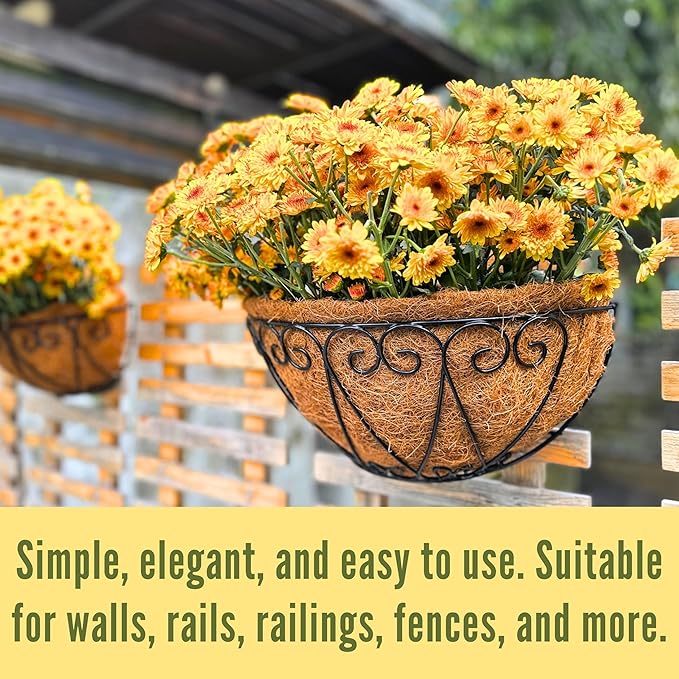 LaLaGreen Outdoor Wall Planters (2 Pack, 12 Inch) Black Metal Wall Mounted Hanging Basket with Coco Liner, Flower Pot Plant Holder Semi-Circle Planter for Fence Railing Deck Porch Balcony Garden Decor